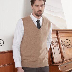 NWT Kallspin Men's Cashmere/Wool Blend V-Neck Vest Pullover Tan in Size L
